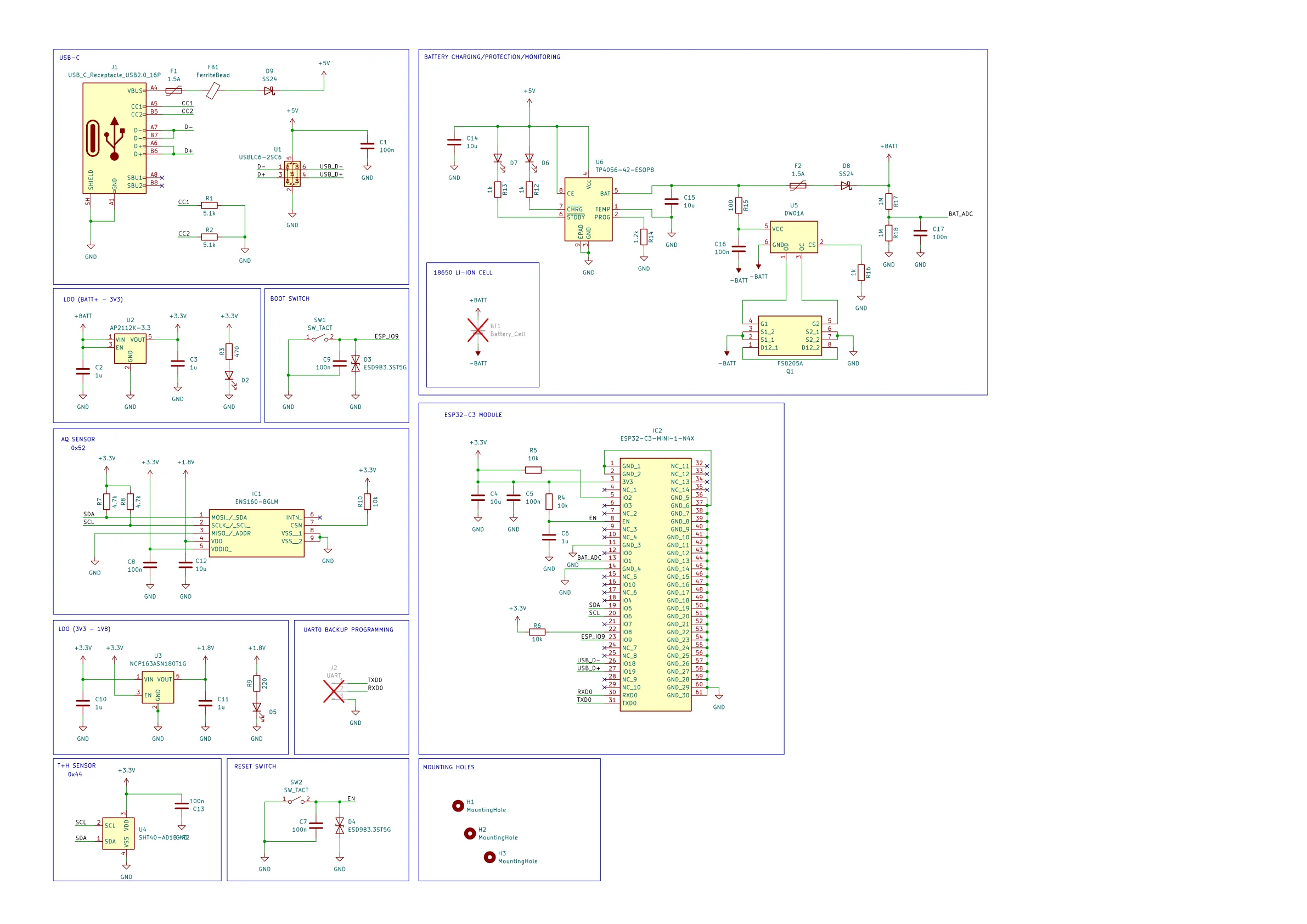 KiCad schematic: USB-C, TP4056 charge path, SS24, ENS160, SHT40, ESP32-C3