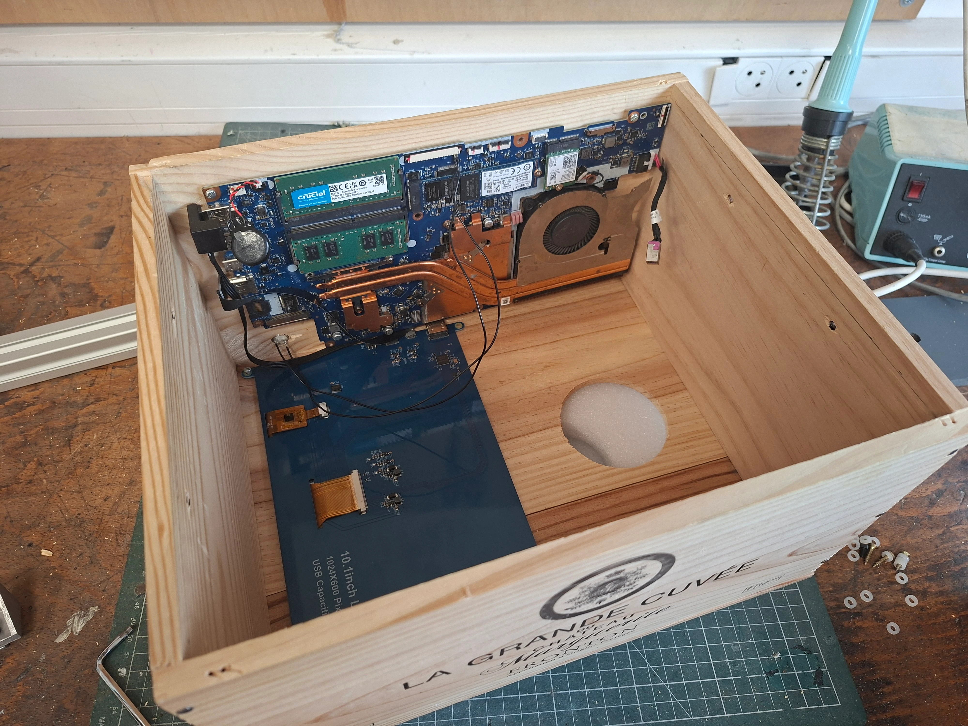 Acer motherboard and 10.1 inch touchscreen mounted inside the wine crate